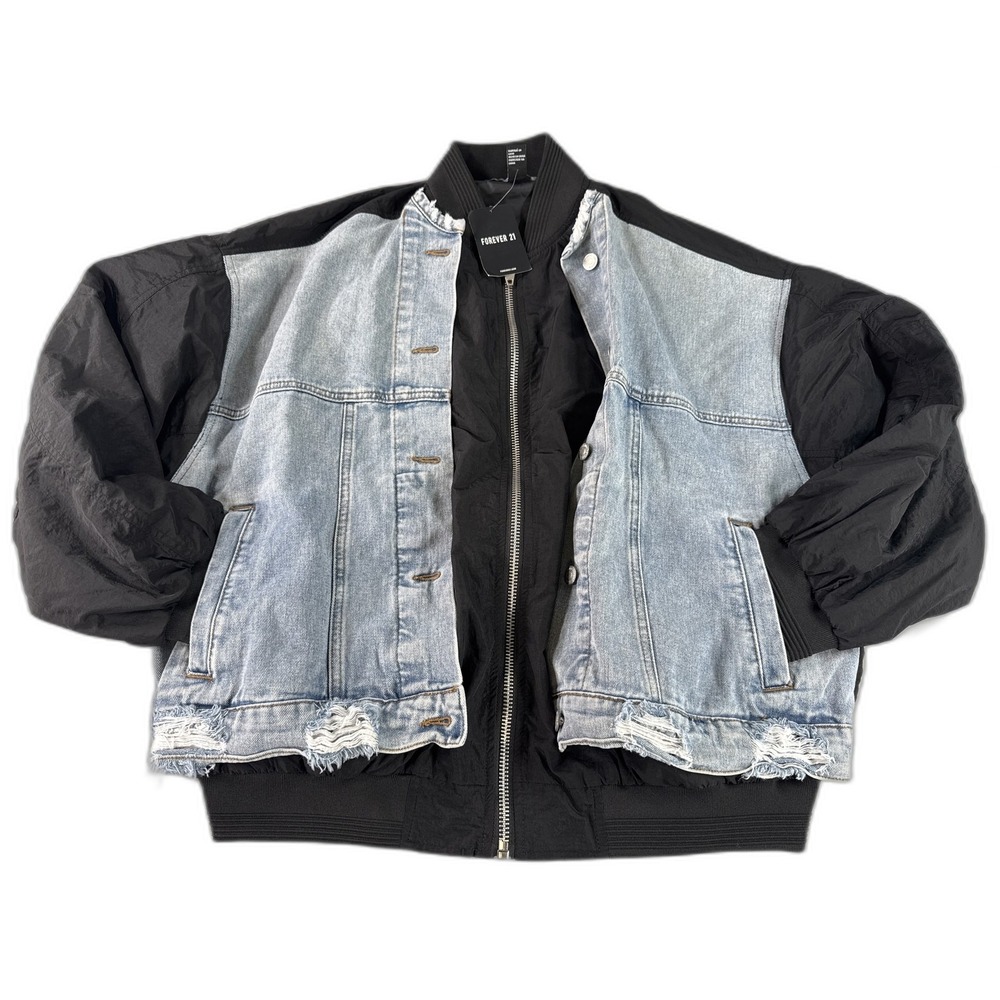 FOREVER 21 Bomber Jacket Womens S Black/Denim Cotton/Polyester Regular Fit Zip